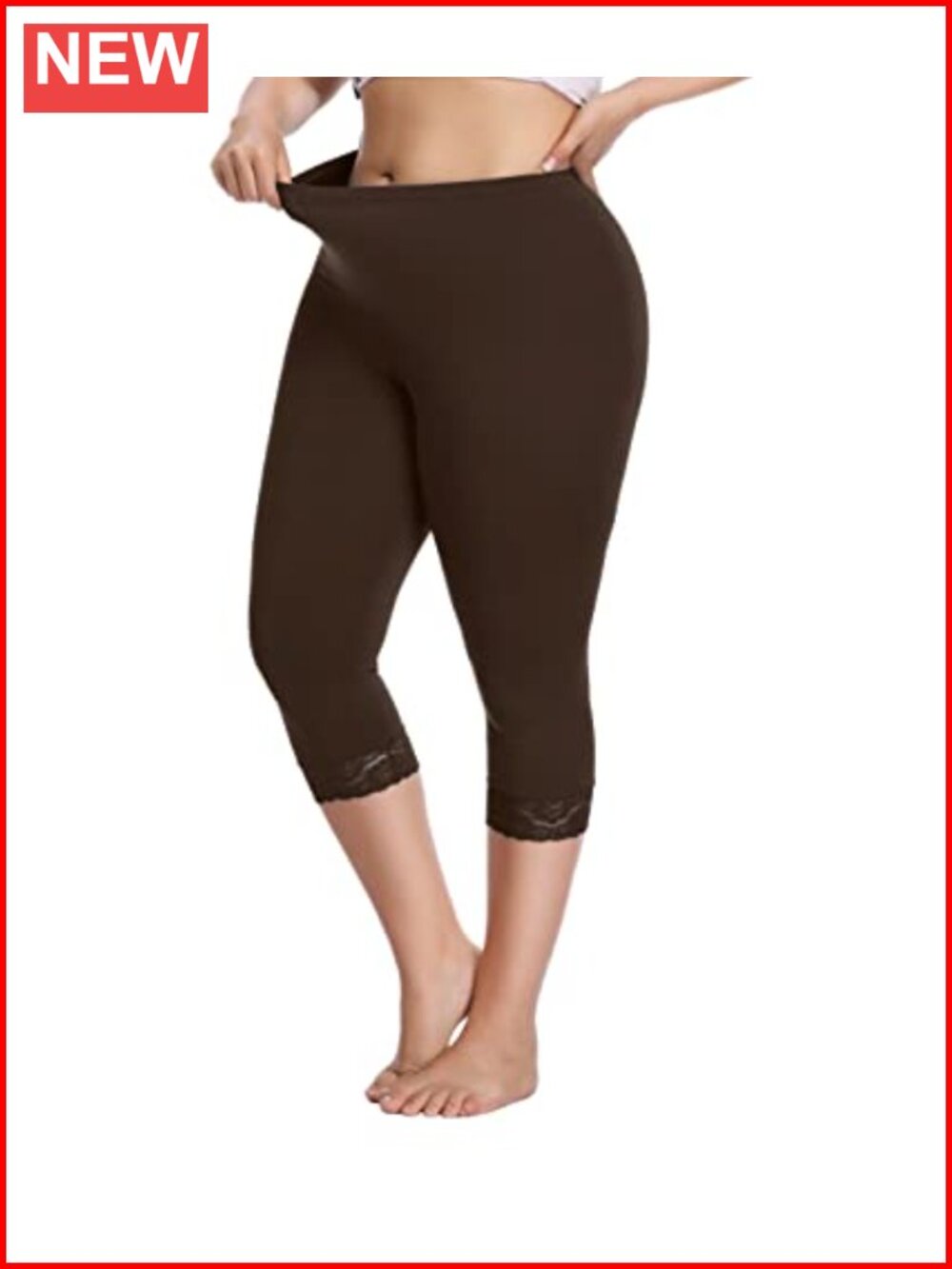 Plus Size Capri Leggings with Lace Trim High Rise Stretchy Yoga Pants